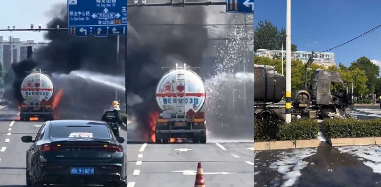 山东淄博油罐车突然自燃 驾驶员临危不乱停在消防局门口 及时扑灭未爆炸