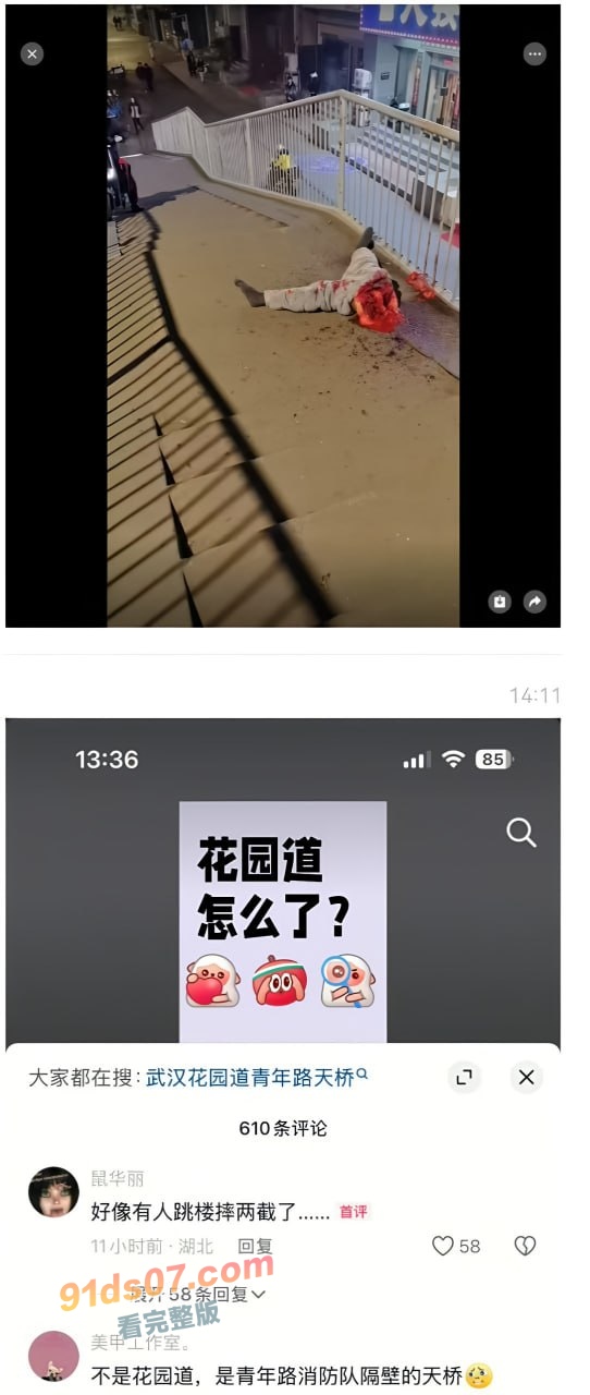 武汉花园道女子惨死碎尸！疑似高空坠亡被天桥栏杆切断 现场血肉分离惨不忍睹 图1