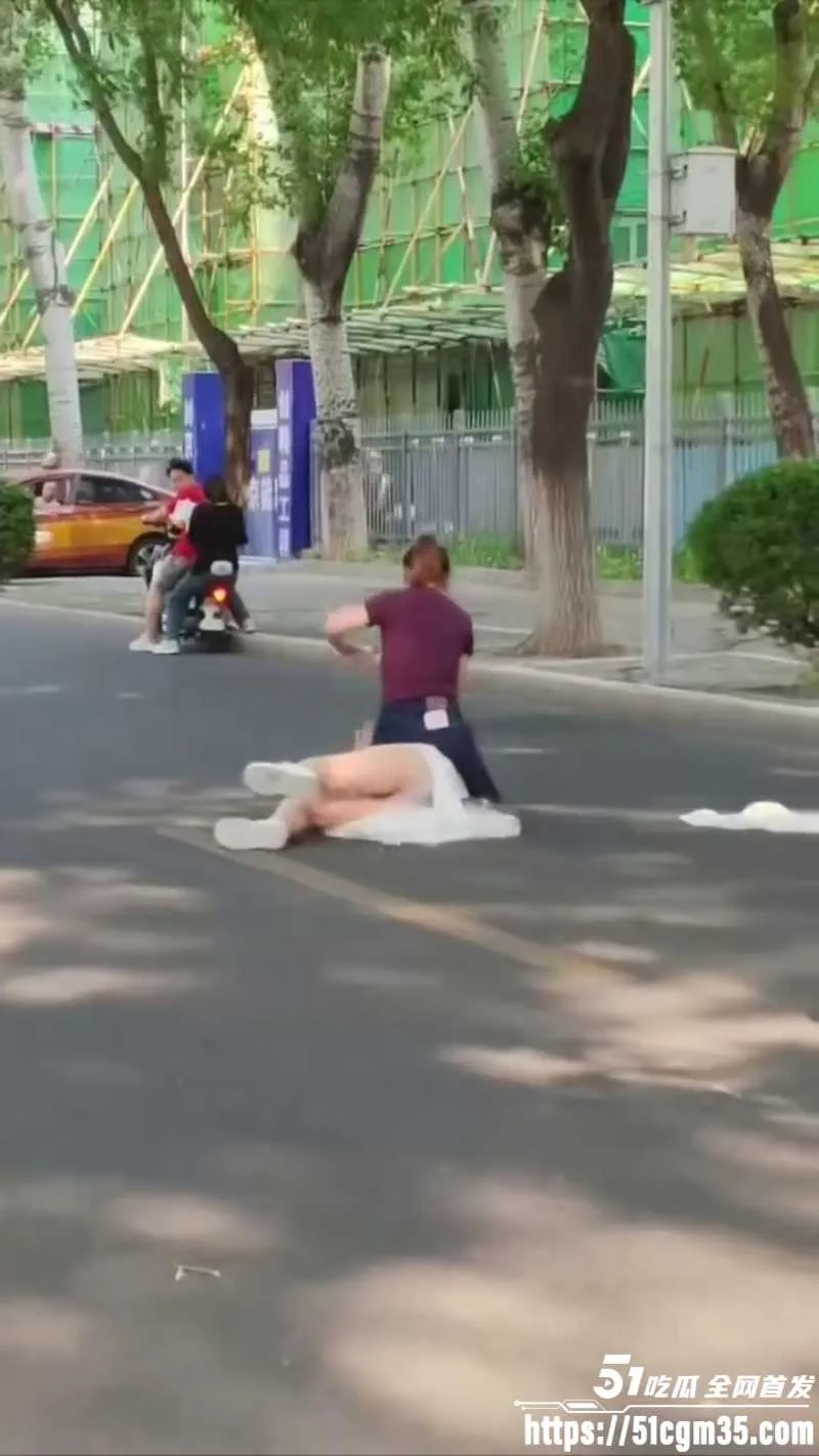 紫衣大妈街头暴揍白裙美女 马路中央按地上狂扇巴掌 是抓小三还是另有其因？