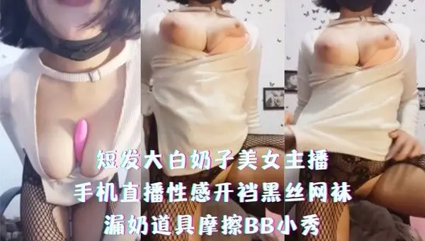 短发大白奶子美女主播，手机直播性感开裆黑丝网袜，漏奶道具摩擦BB小秀