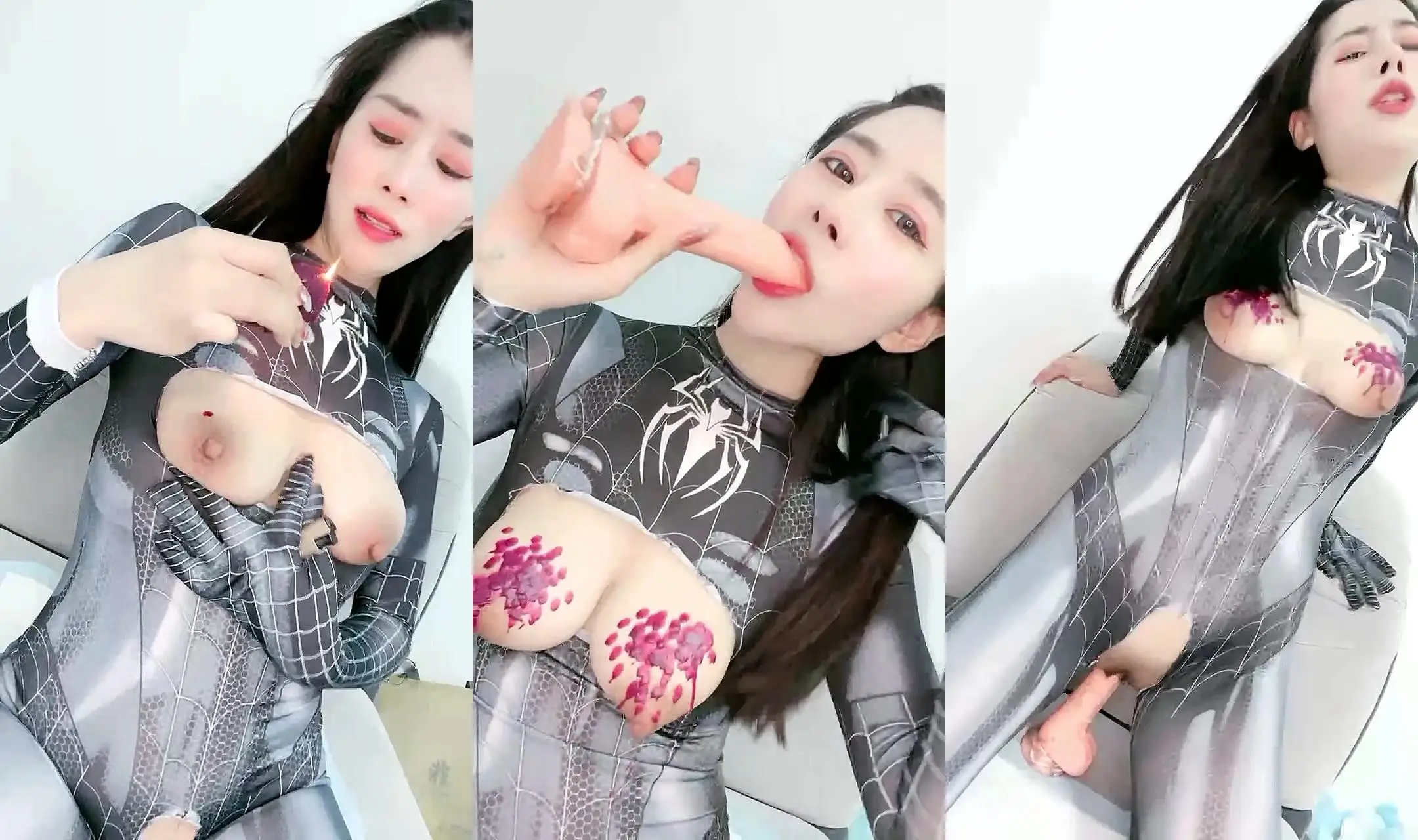 马尾辫爆乳女神,蜘蛛侠情开档趣装,胸前割开露奶子,蜜桃美乳翘起掰穴,乳晕滴蜡极度淫骚,吊带黑丝更是诱人