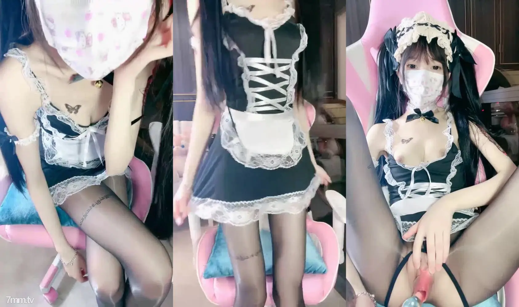 女仆装黑丝袜!极品双马尾少女!肛塞尾巴,地上假屌骑坐,张开双腿玻璃棒插穴,无毛肥逼极品