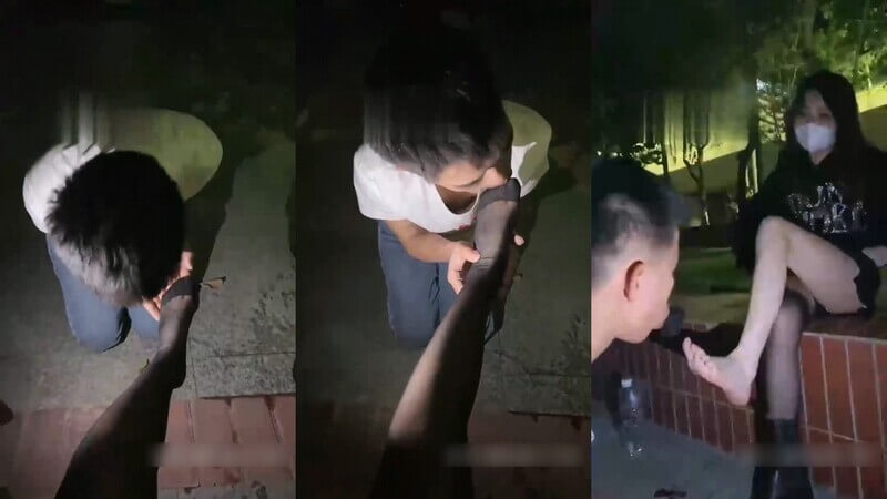 美腿小姐姐被调教：户外脱靴跪地舔脚趾