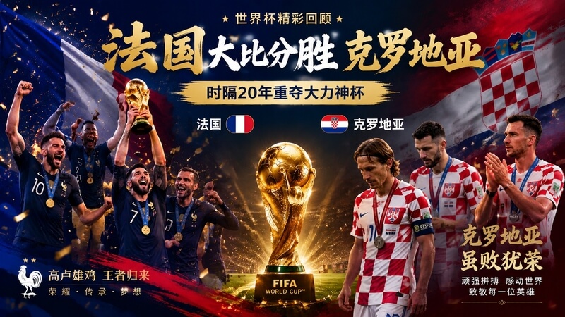 法国大比分胜克罗地亚，时隔20年重夺大力神杯，克罗地亚虽败犹荣