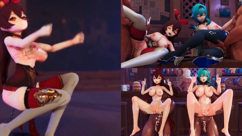 原神MMD：安柏与优菈的爆乳舞姬激情之夜，巨乳少女的潮吹盛宴