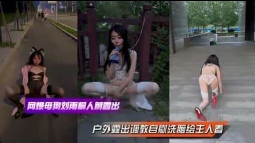 母狗刘雨桐的户外露出调教之旅：人前自慰表演，尽情展示身体献给主人，眼神中流露着被调教后的满足与快乐。
