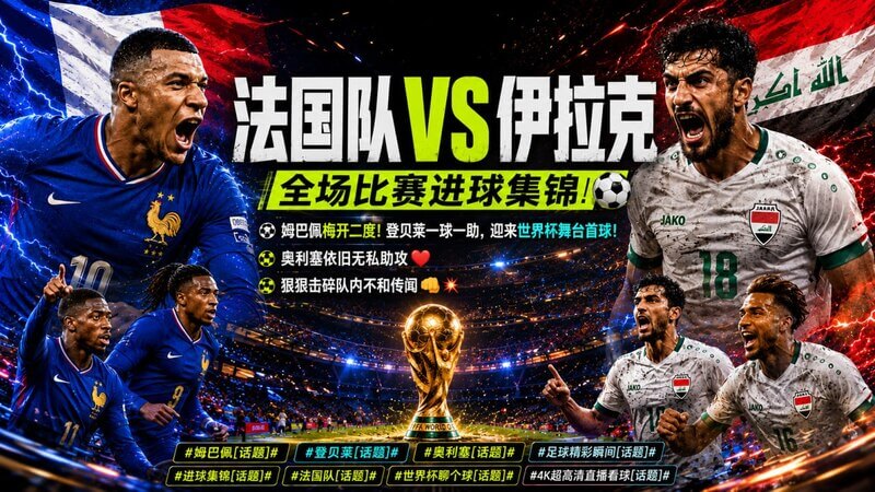 法国队vs伊拉克 进球集锦 姆巴佩 梅开二度登贝莱一球一助迎来高潮