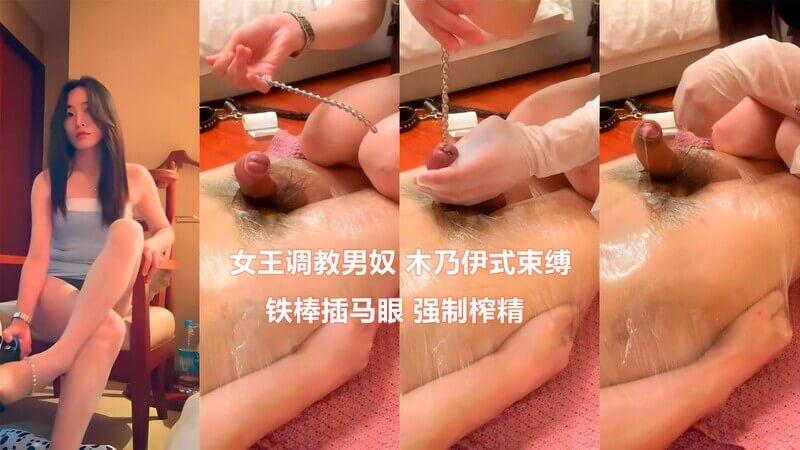 女王调教男奴：木乃伊式束缚，铁棒深插马眼，强制榨精