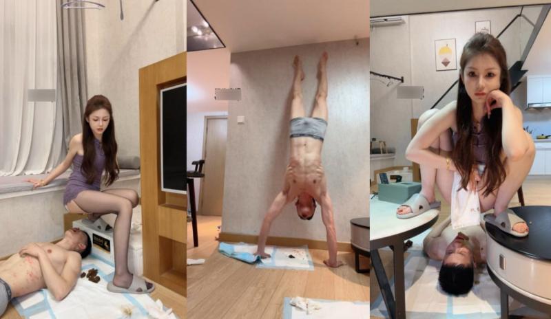 调教男奴 肮脏的倒立游戏 津津有味的屎尿盛宴一个被调教得服服帖帖的男奴，背上伤痕累累