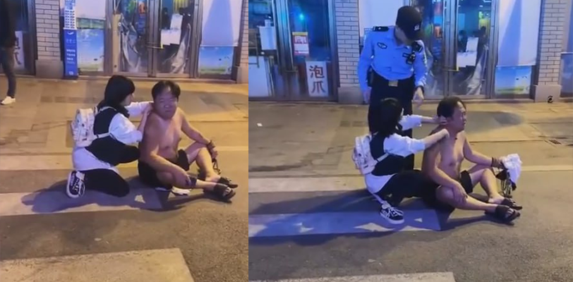 浙江金华万盛南街一油腻大叔性骚扰女孩反被女孩制服 当场将油腻男衣服扒光跪趴在地！