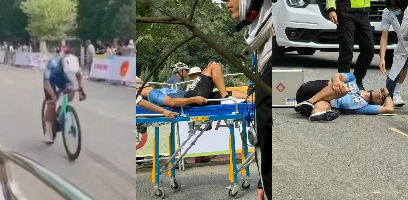 胆小瓜友勿进 某地自行车比赛现场突发严重事故 伤者膝盖骨外露的惊魂瞬间