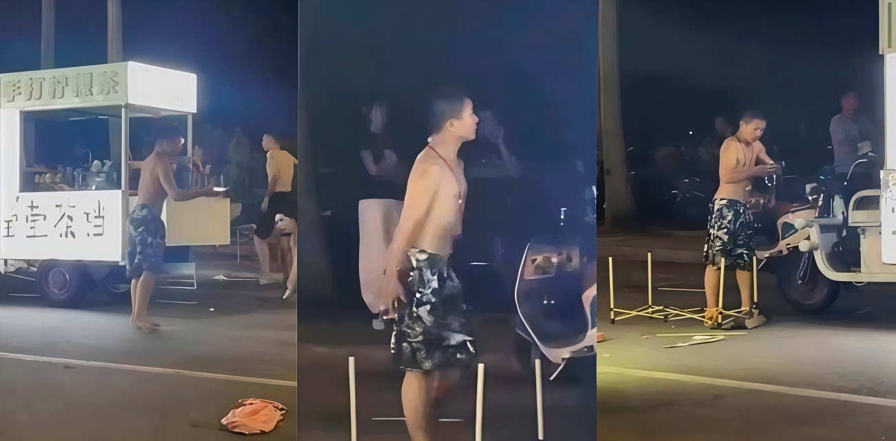 湛江渔港公园莹莹柠檬茶 女摊主只穿文胸被调戏 男朋友直接冲上去干架