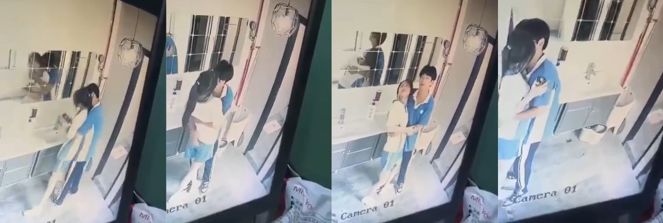 网传 深圳某高中 王家莹在厕所门口与男友亲热时刻被摄像头记录流出