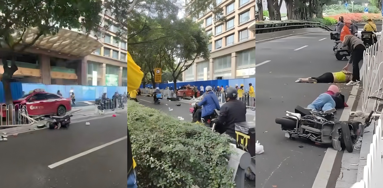 广州街头出租车失控 一头扎进辅路撞到一片人 司机都吓傻了
