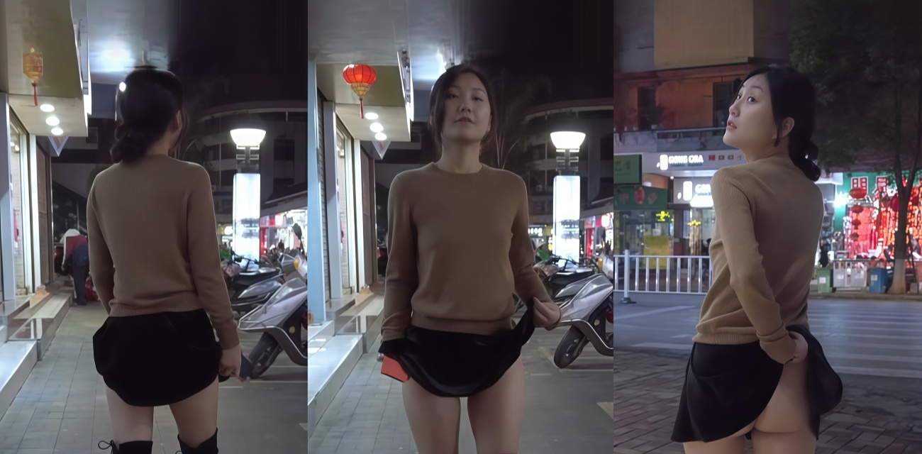 推特露出界天花板Fullfive 肇庆夜街黑裙走光 白屁股路灯下反复闪着走