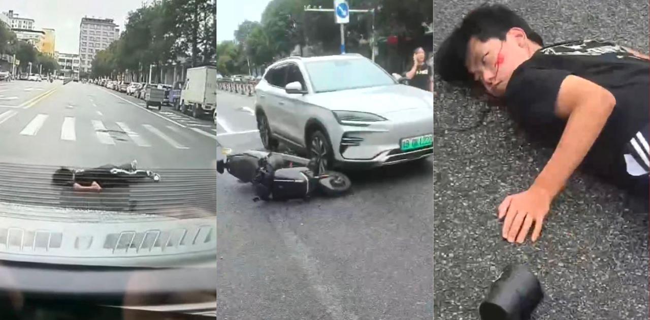 精神小伙骑电动车不戴头盔躲避不慎摔倒惨 视频流出警示交通安全隐患