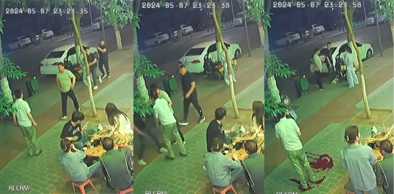 陕西宝鸡一男子在串串店门口被人利用利器刺中大腿股动脉 现场视频还原惊悚瞬间！