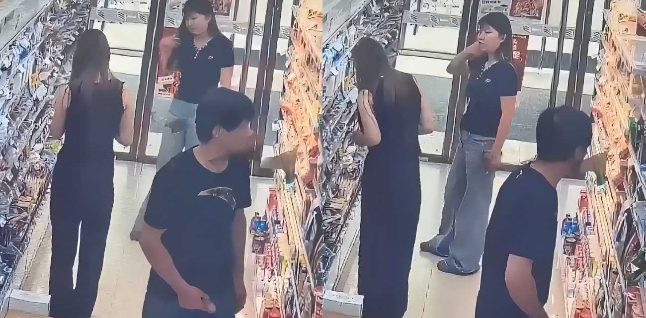 超市监控曝惊人一幕 男货架后大胆行事 女顾客毫无察觉