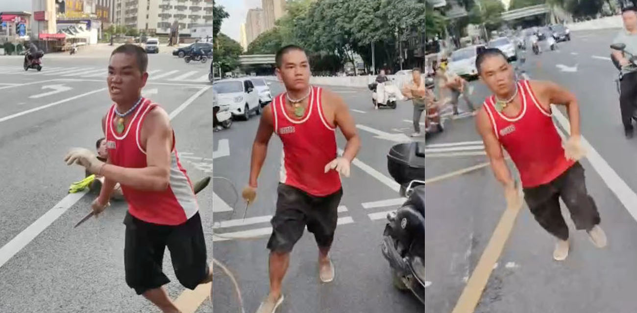 广西南宁街头惊现红衣刀仔 拿匕首在大街上疯狂追人砍杀 现场画面惊险万分