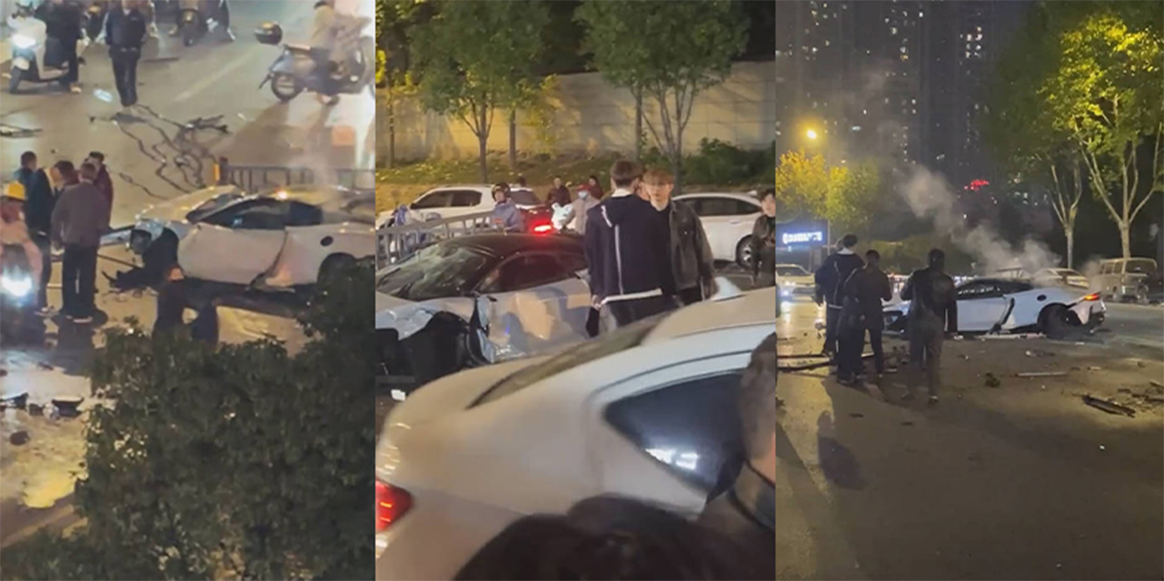 江西九江迈凯伦深夜飙车翻车！精神小伙租车狂撞护栏 车头砸烂碎片满天飞