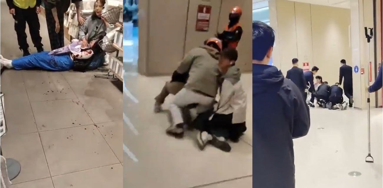 深圳宝安区沙井 万丰海岸城 男子公然持刀捅伤一名女子 现场血迹斑斑 男子被众人合力制服