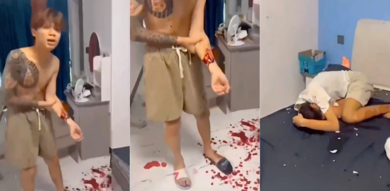 精神小伙惹火上身,鸡吧痒去操别人的女朋友后还作死去其家里蹭饭,现被人砍的满地是血手要断了