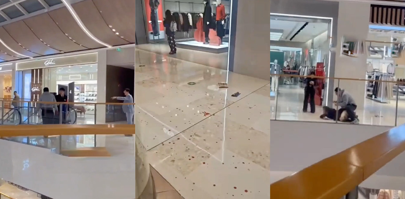 江西南昌万象城突发持刀行凶事件 一男子无故持刀追砍路人 现场视频流出