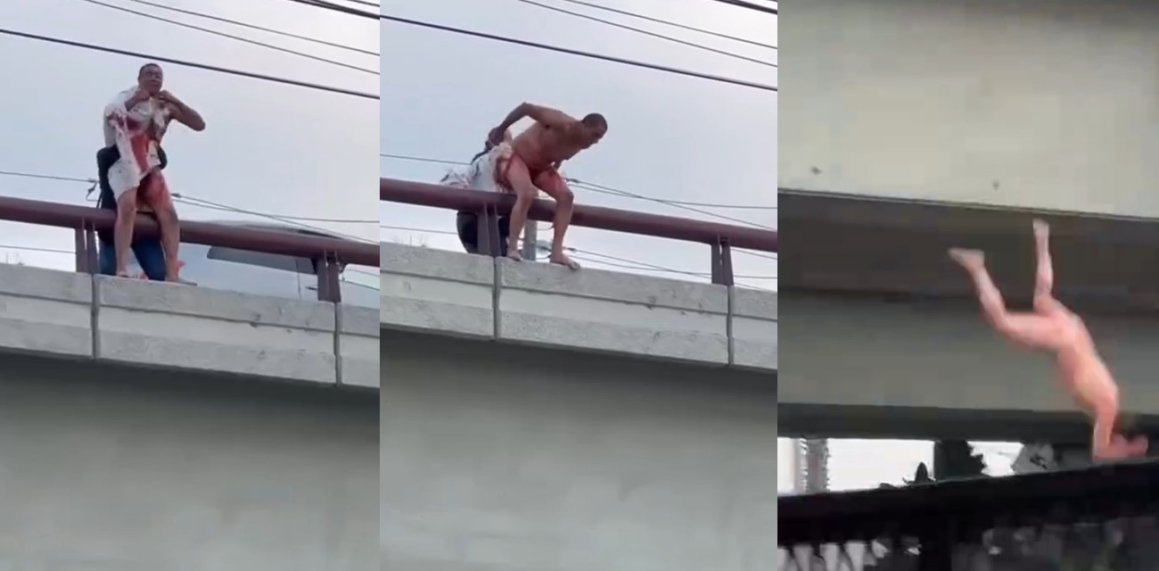 国外男子浑身鲜血全裸跳桥自杀！肉体和水泥地碰撞出生命最后的火花 看来活着对他来说真的太难了！