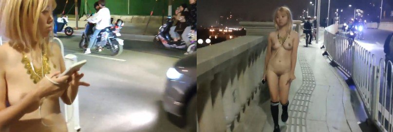 广州女菩萨 婷婷 珠江边闹市街头全裸露出漫步 身后一群围观群众惊动警察