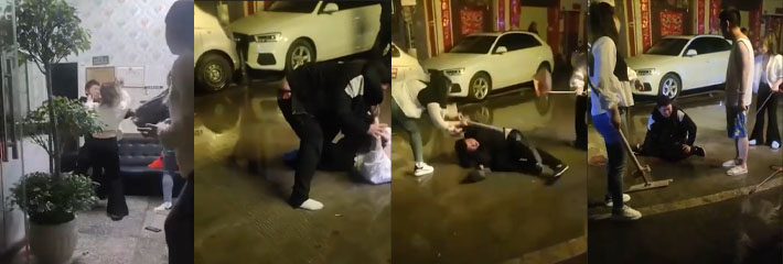 打起来！看热闹咯，【白嫖霸王餐】，小伙店里嫖娼没钱，殴打女孩想逃跑，被一群老娘撕扯殴打