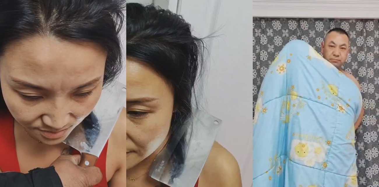 人妻与情夫为了刺激家中偷情 绿帽老公怒而提刀捉奸 直接将菜刀架在脖子上