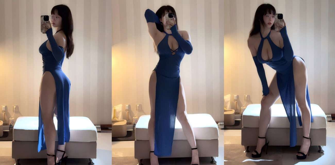 皮皮奶蓝色旗袍秀 极品蜜桃臀巨乳 高跟鞋一踩骚翻全场