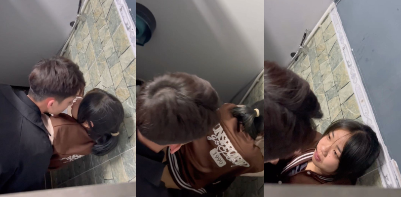 饥渴高中生情侣在校男厕操爱被偷拍！女主完美露脸甚是刺激！