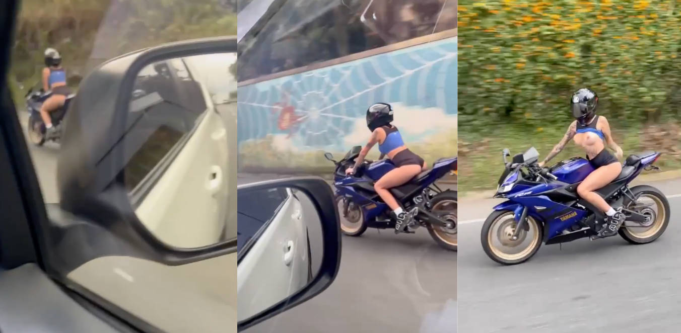 骑摩托车露奶的女骑士 单手开车顺手掀衣 奶子又大又圆乳头粉嫩