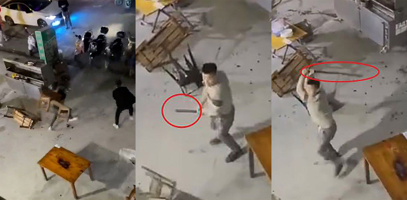 广东渔夫烧烤店发生乱斗火拼 一伙人手持砍刀 见人就砍 尖叫四起 现场桌椅碎裂 尖叫逃窜