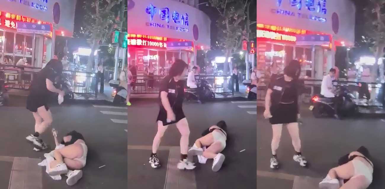 温州龙湾永中路街头火爆开打 短裙女子怒揍 小三 内裤暴露场面失控