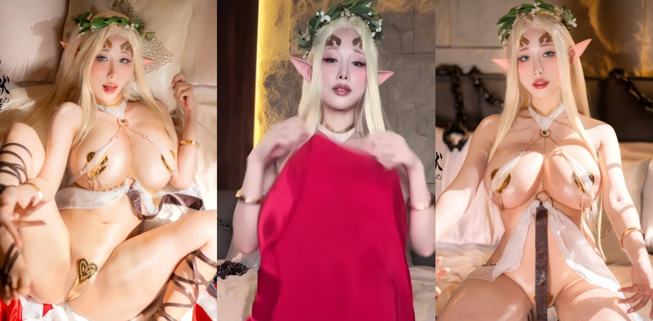 HaneAme雨波cos塞蕾斯汀白精灵女王 擦边写真巨乳撅臀 卖萌超撩人