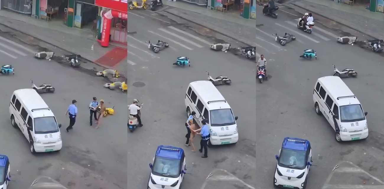广西街头惊魂 赤身男怒砸警车 场面一度失控 巡警火速制服