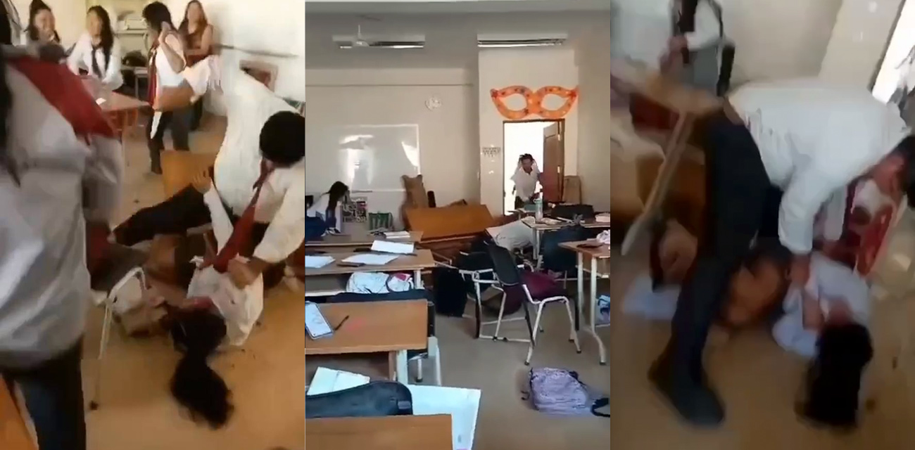 这是有什么仇什么怨呐 一学校教室内一男学生持刀狂捅一女学生 现场混乱非常
