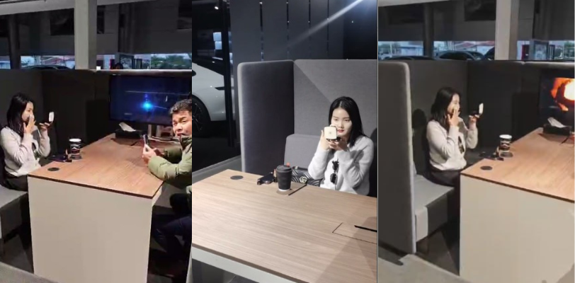 南宁某4S店买车奇葩吃瓜事件！女子一直重复动作和言语：我的咖啡好了吗？