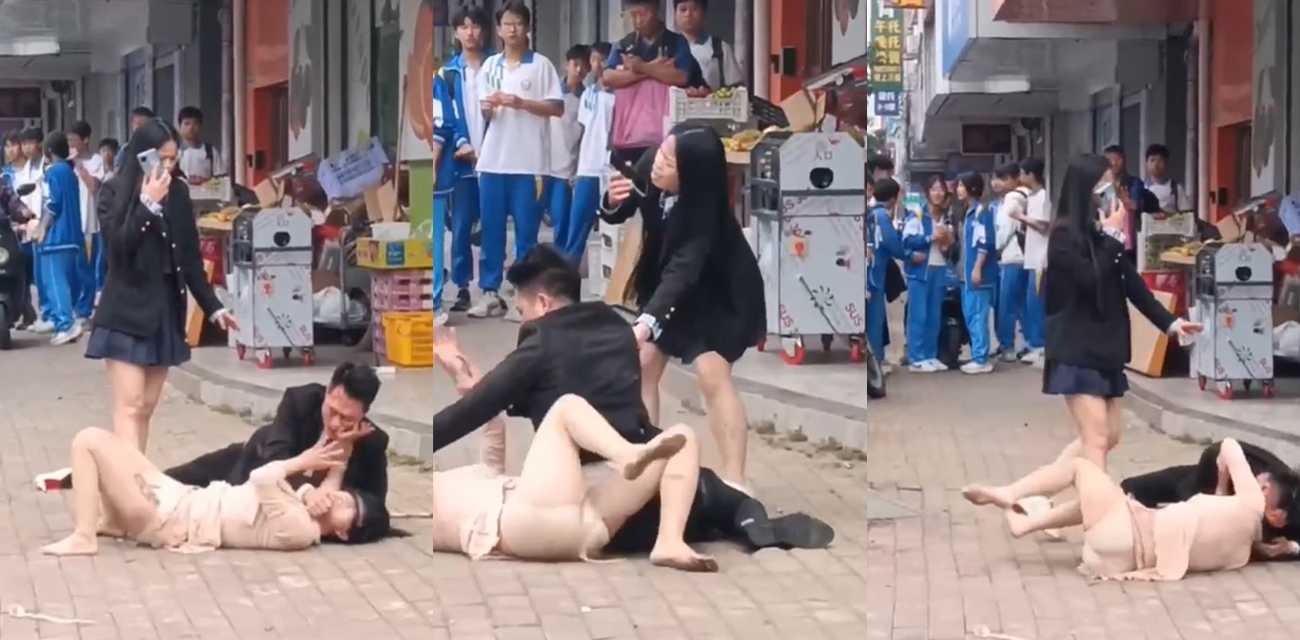 广东惠州一中超市前男女互撕名场面 不知道男的醉了还是嗑了 追妹子就是啃