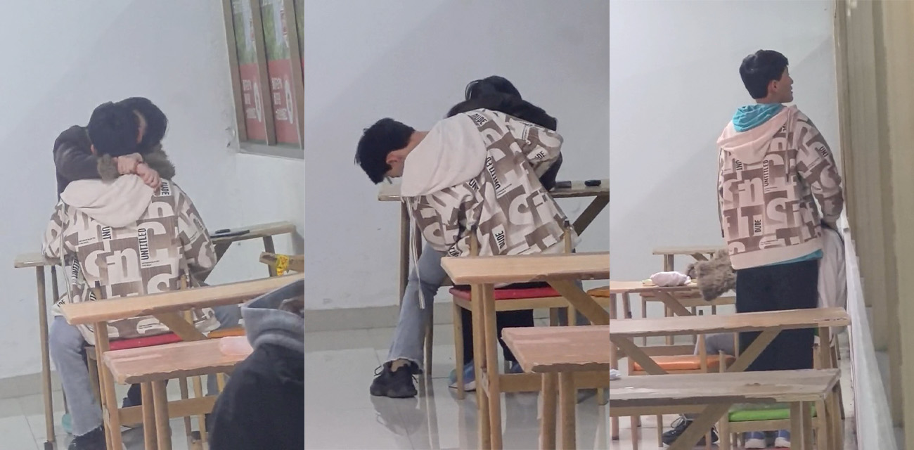 大学校园食堂惊现情侣当众调情磨枪 年轻人干柴烈火 丝毫不顾其他同学感受