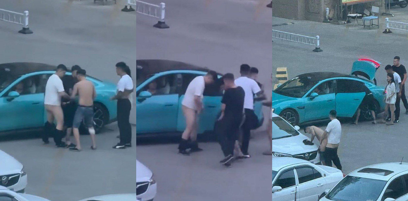 东营小米男同车主寂寞难耐 直接下车脱裤子 跑到隔壁别克引擎盖上两男激情输出