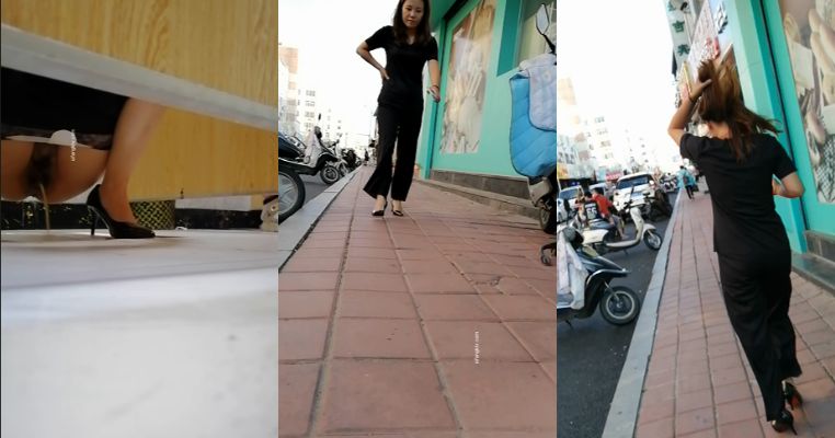 【跟踪抄底】一路尾随偷拍性感高跟电子烟店老板娘的小黑B！