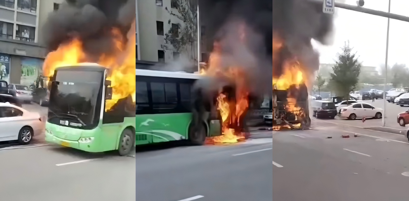 辽宁省丹东市公交车 金山大道黑烟冲天 乘客惊险逃生无伤亡