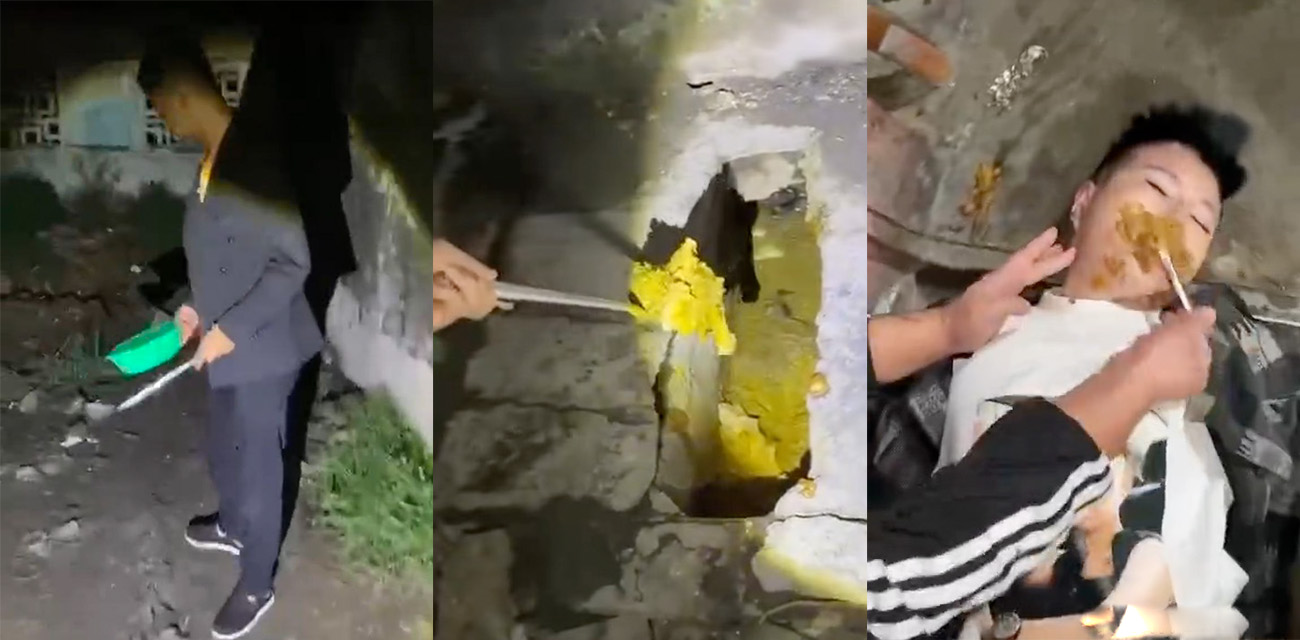 精神小伙小妹为了博取流量毫无下限 竟然组队前往公厕掏粪大快朵颐