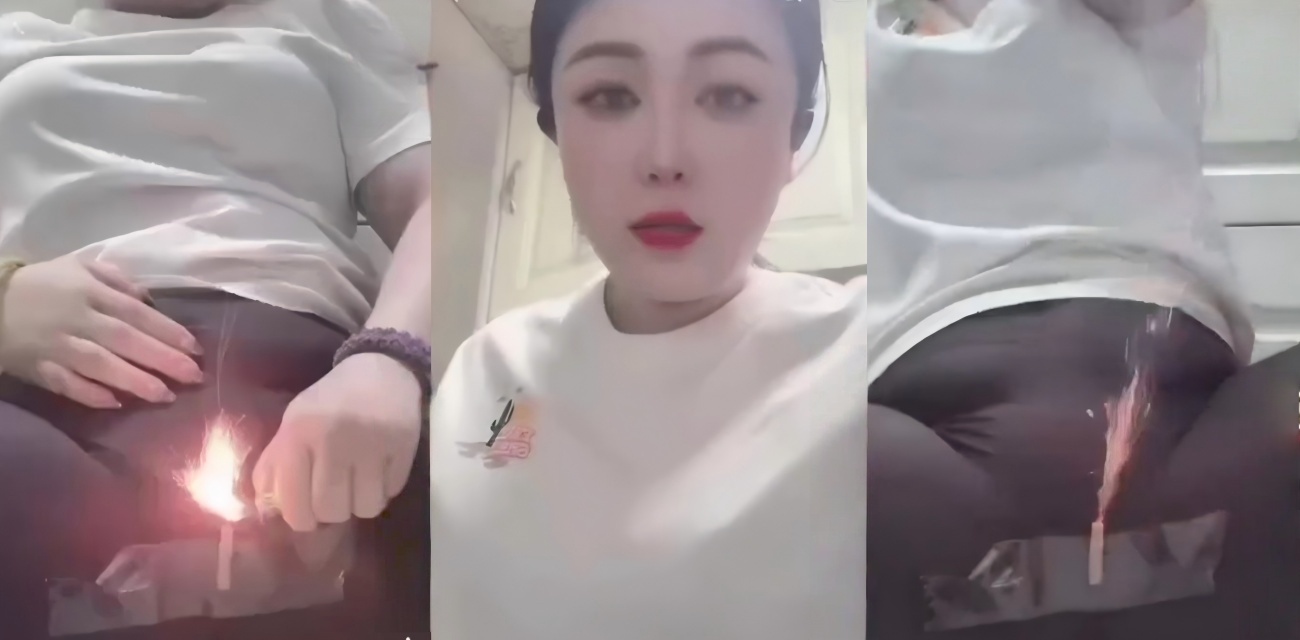 快手猛女豁出去 瑜伽裤贴鞭炮炸逼 为流量不择手段 这逼得炸肿