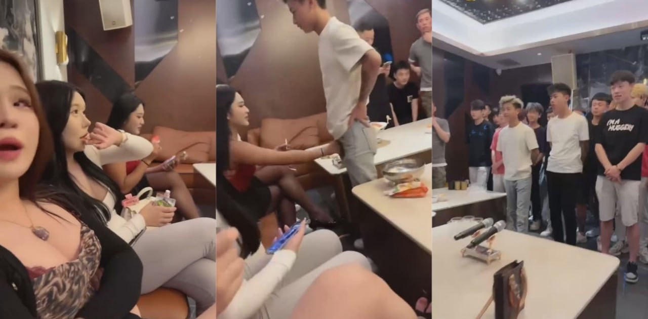 美艳人妖组团在KTV点男模 鸡巴够大是选拔硬性条件 当场伸手摸男模裆部验货大不大