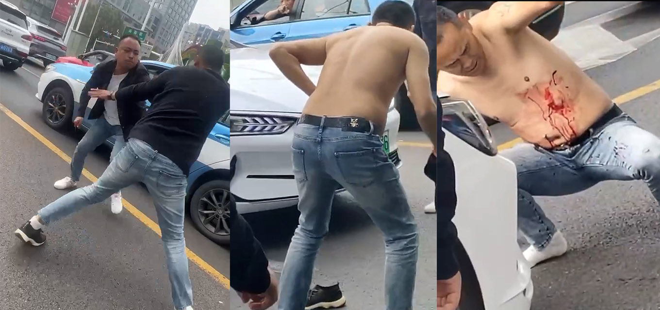 河北石家庄 俩男子因在街上开斗气车产生争吵 直接提着刀就捅 现场视频曝光