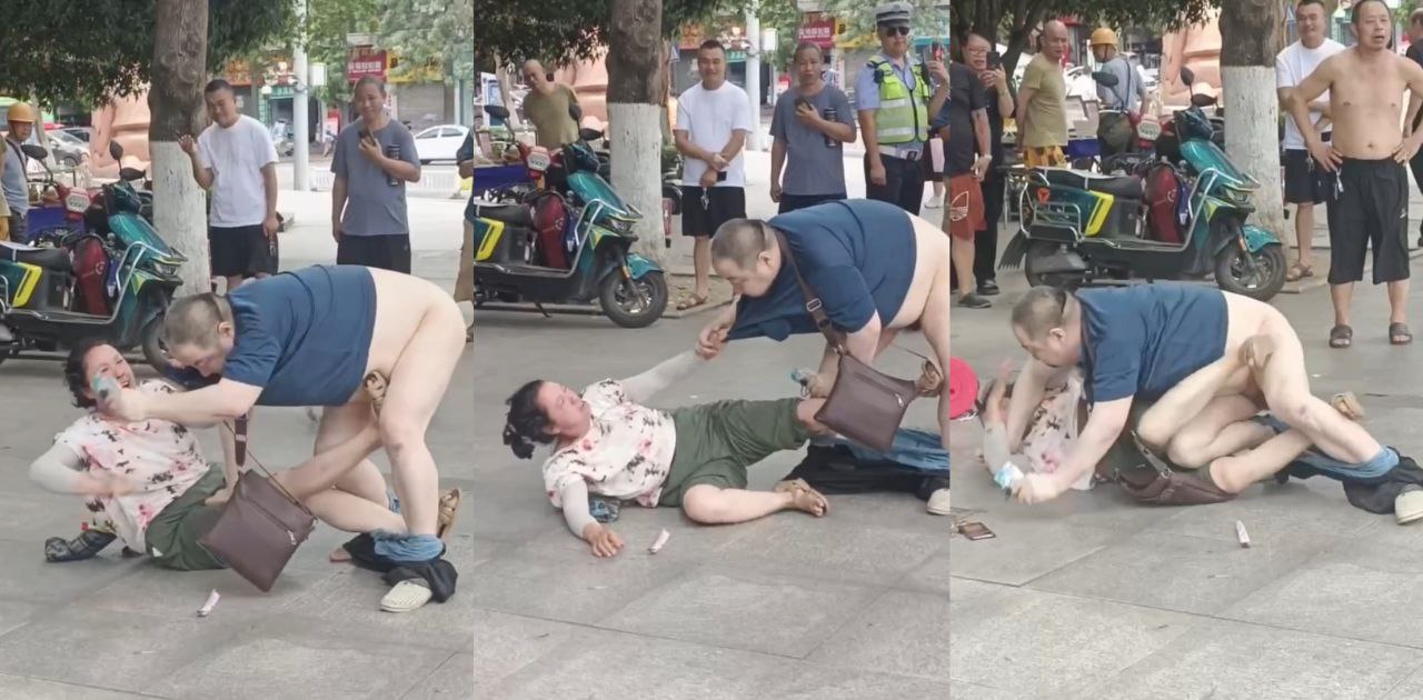 一对男女老辈子街头互殴 老太太一招兔子登鹰 把老头裤子裤头全都踢光露出大屁股
